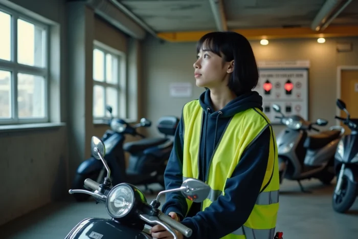 Jeune femme révisant la signalisation routière dans un garage de centre de formation BSR avant l'examen pratique