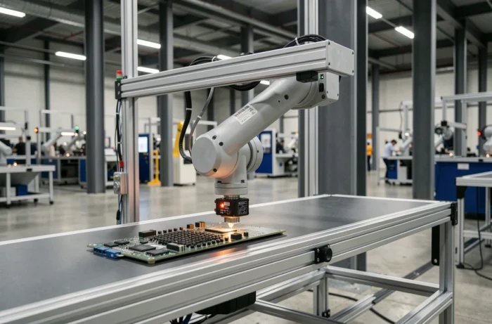 Robot cartésien industriel sur rail de précision effectuant un assemblage de composants électroniques en usine automatisée