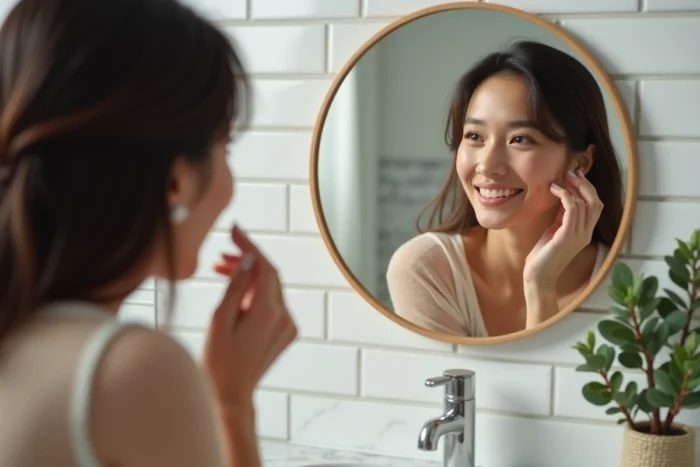Femme aux 30 ans appliquant un sérum naturel devant un miroir de salle de bain, routine beauté au naturel