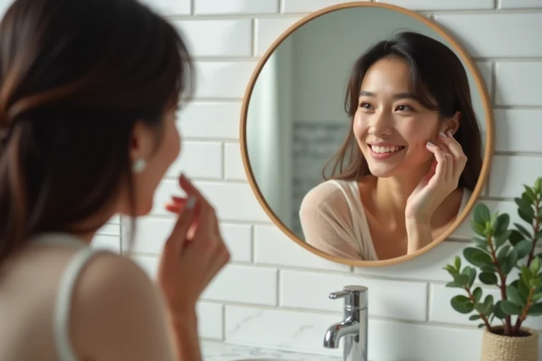 Femme aux 30 ans appliquant un sérum naturel devant un miroir de salle de bain, routine beauté au naturel