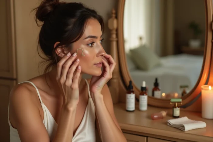 Femme de 52 ans appliquant un sérum rétinol sur son visage lors de sa routine du soir à sa coiffeuse, montrant une peau visiblement rajeunie et lissée