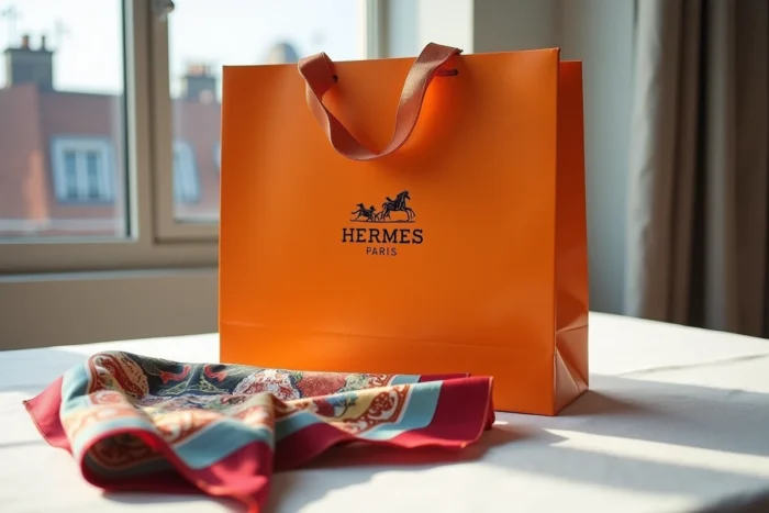 Sac orange Hermès et foulard en soie posés sur une table en lin blanc, évoquant un achat lors des soldes de la maison de luxe