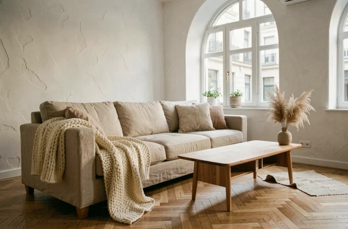 Salon scandinave minimaliste avec canapé en lin, table basse en teck et herbe de la pampa séchée dans un vase céramique