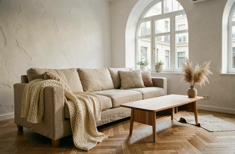 Salon scandinave minimaliste avec canapé en lin, table basse en teck et herbe de la pampa séchée dans un vase céramique