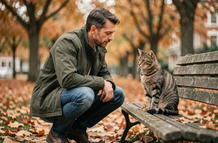 Homme examinant son chat tigré sur un banc de parc en automne pour veiller à sa santé