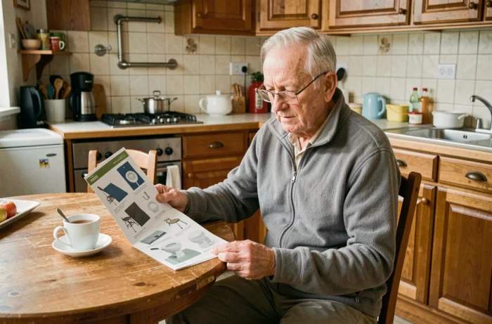 Un homme âgé consulte un catalogue d'équipements adaptés pour seniors à domicile dans sa cuisine