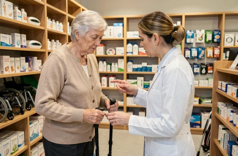 Une femme senior choisit une canne ergonomique avec l'aide d'un pharmacien dans une pharmacie moderne