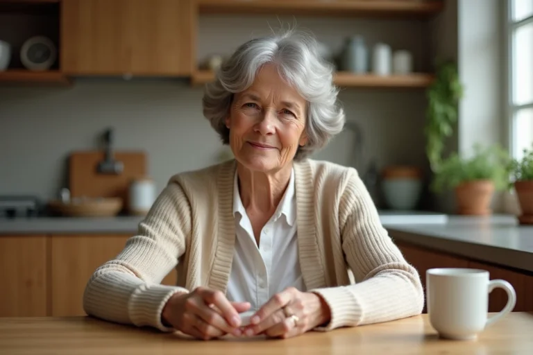 Une femme senior sereine organisant ses médicaments hebdomadaires dans une cuisine chaleureuse et lumineuse