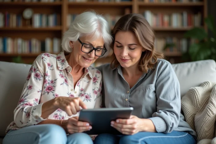 Une senior et sa fille consultant ensemble une tablette numérique sur un canapé dans un salon familial
