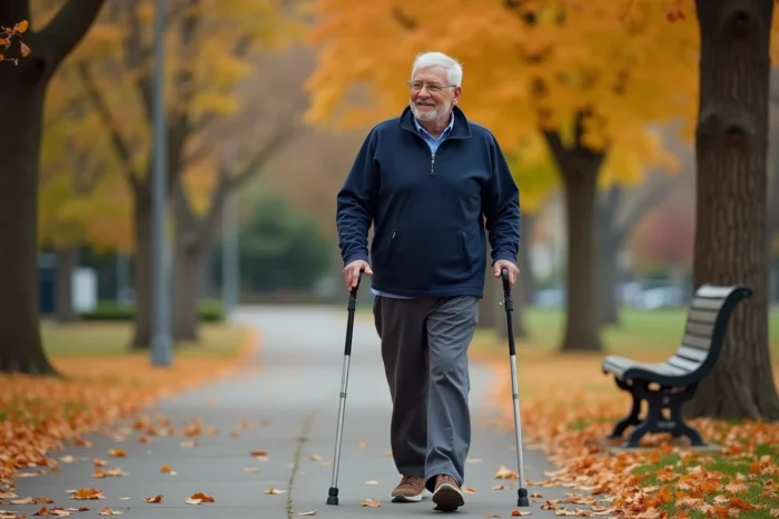 Un homme senior actif se promenant avec une canne dans un parc en automne