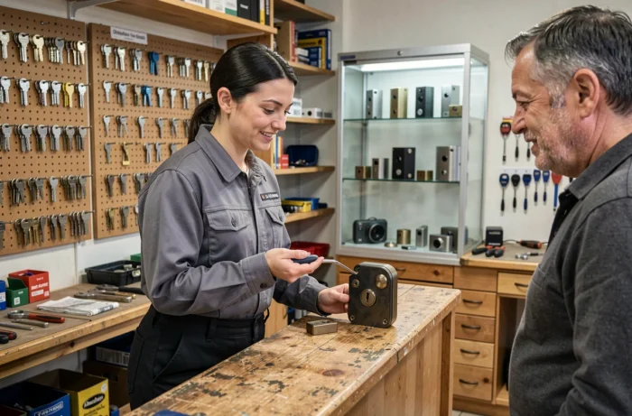 Serruriière en boutique expliquant le fonctionnement d'un cylindre de serrure à un client dans un magasin de serrurerie en Savoie