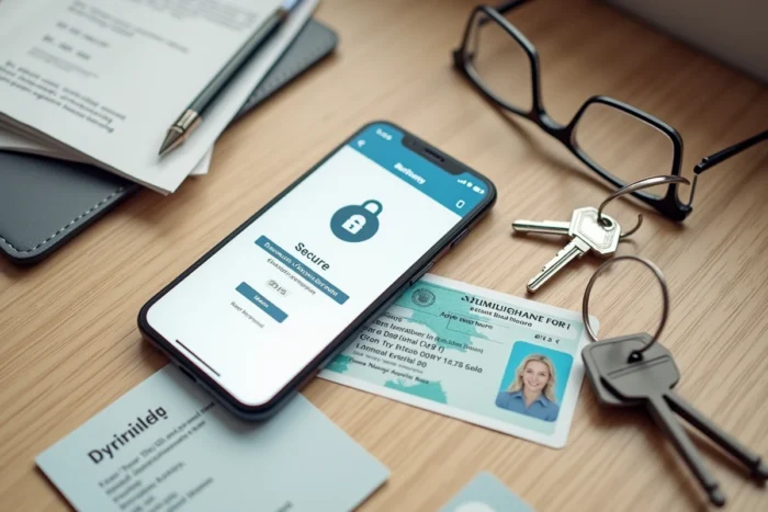 Vue de dessus d'un smartphone avec application de coffre-fort numérique entouré de documents officiels sur un bureau en bois