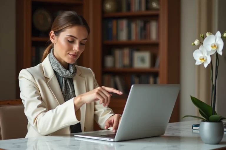 Femme élégante consultant les soldes Hermès en ligne sur un ordinateur portable dans un bureau parisien raffiné