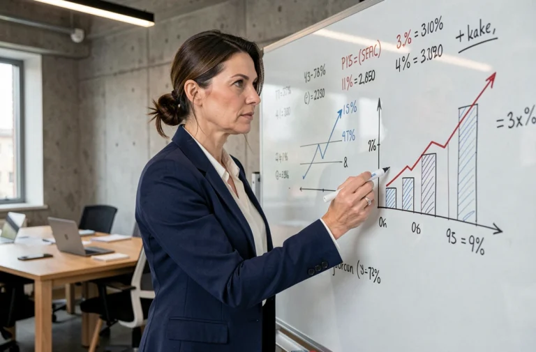 Femme d'affaires analysant une stratégie de fixation des prix sur un tableau blanc dans un bureau moderne