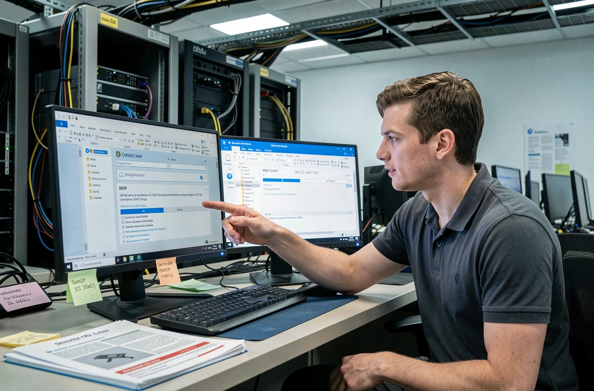 Technicien informatique aidant à configurer la messagerie Créteil sur Outlook dans une salle de support IT