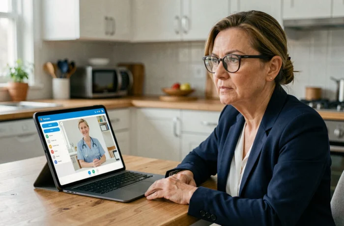 Femme d'âge mûr en consultation médicale vidéo sur tablette depuis sa cuisine pour choisir un professionnel de santé