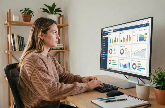 Jeune femme analysant des tendances internet sur un écran d'ordinateur dans un espace de travail moderne en 2026