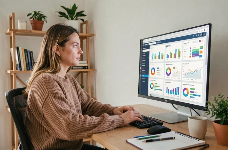 Jeune femme analysant des tendances internet sur un écran d'ordinateur dans un espace de travail moderne en 2026