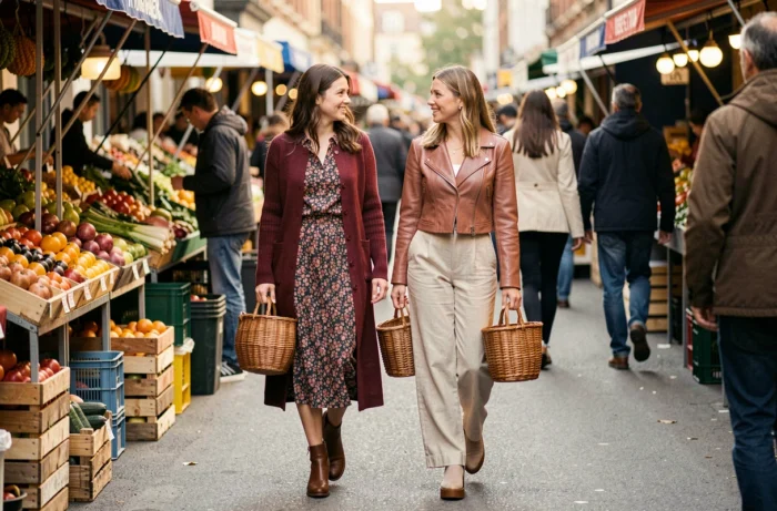 Deux femmes stylées en tenue tendance automne marchant dans un marché animé, mode saison looks éditoriaux