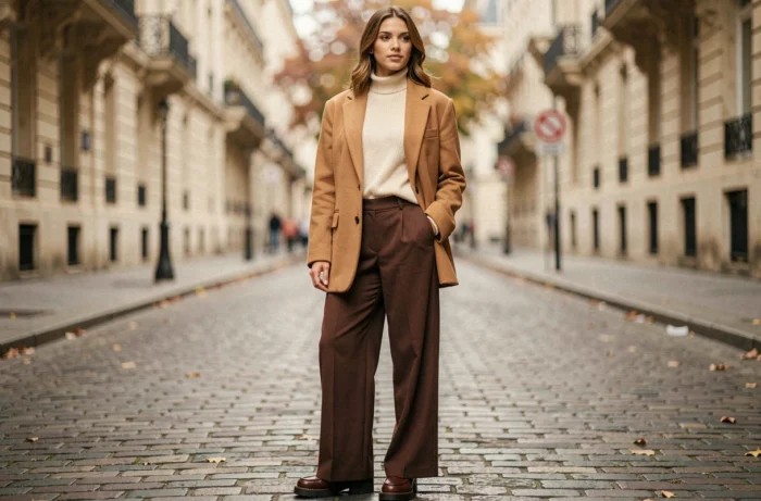 Femme élégante en blazer camel oversize et pantalon large chocolat sur un pavé parisien en automne, tendances mode saison