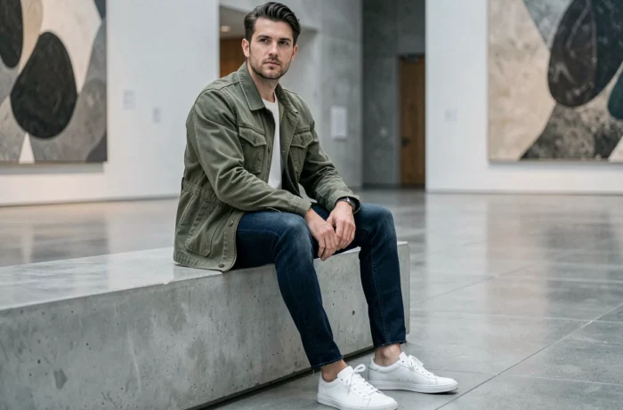 Homme en veste utilitaire olive et jean indigo assis dans un musée design moderne, look mode tendance saison