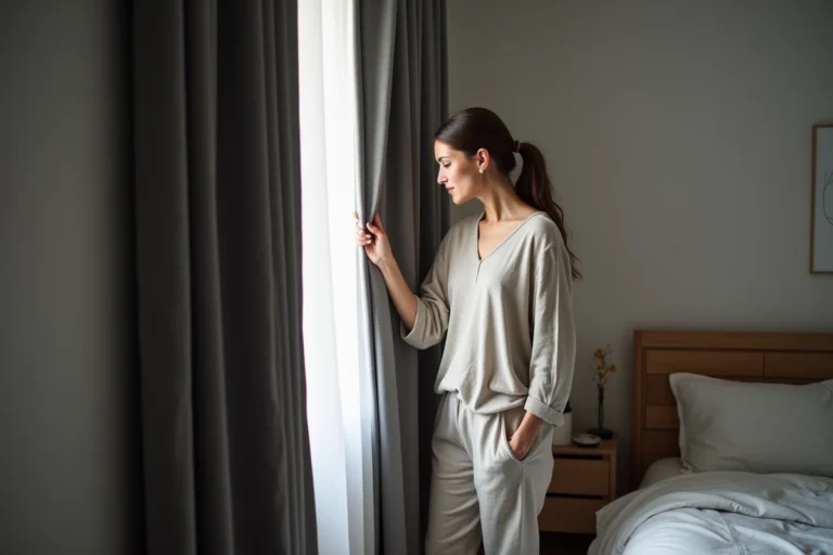 Femme testant l'efficacité d'un rideau occultant gris anthracite dans une chambre moderne en appuyant sur le tissu épais