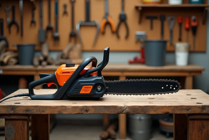 Tronçonneuse électrique Teccpo TACS01G posée sur un établi en bois dans un atelier