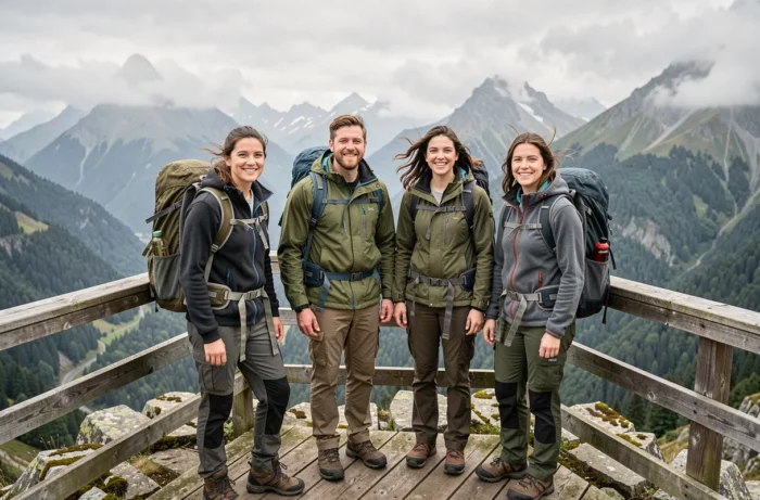 Groupe d'amis adultes en randonnée sur un belvédère en montagne pendant leurs vacances aventure