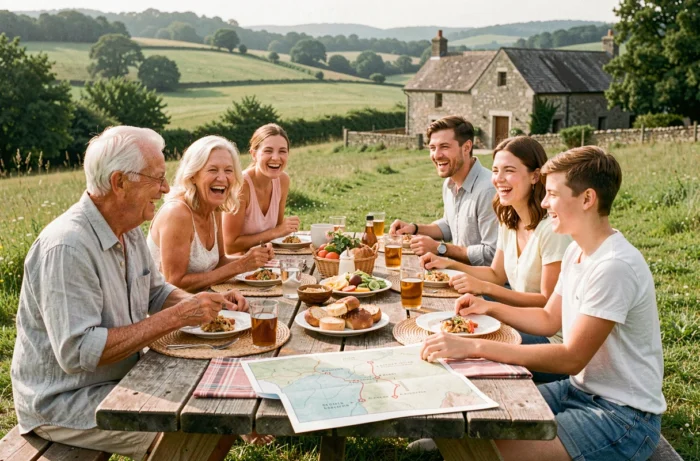Famille multigénérationnelle réunie autour d'une table de pique-nique en bois dans la campagne pour des vacances inoubliables