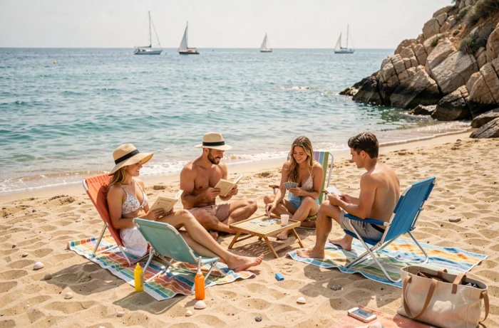 Famille en vacances détendue sur une plage méditerranéenne avec vue sur la mer turquoise et voiliers