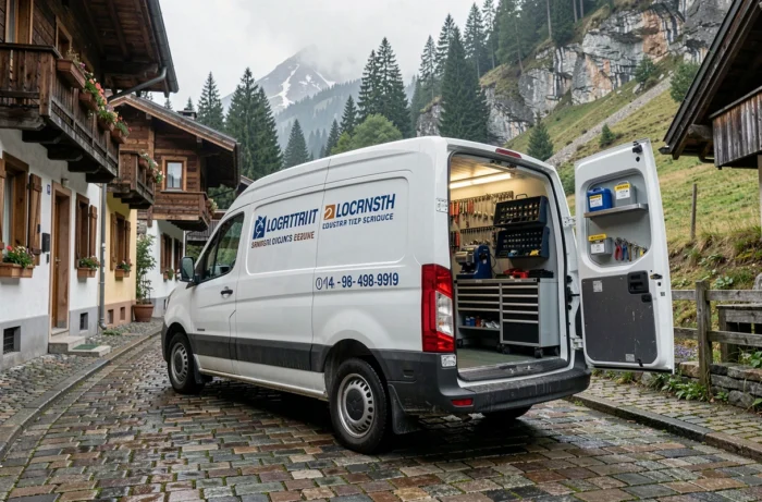 Fourgon de serrurier professionnel garé dans une rue d'un village savoyard avec équipements visibles et architecture alpine en arrière-plan