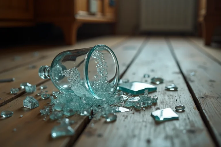 Verre blanc cassé en morceaux sur un plancher en bois, fragments éparpillés autour du point d'impact, vue rapprochée réaliste
