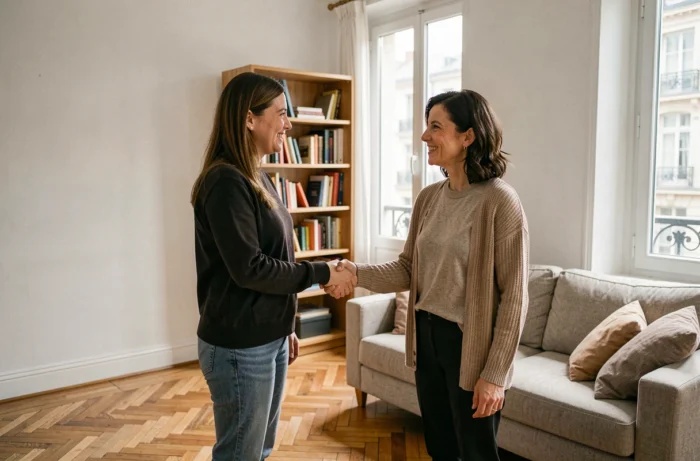 Une femme visitant un appartement en colocation à Paris, serrant la main de la locataire actuelle dans un salon moderne