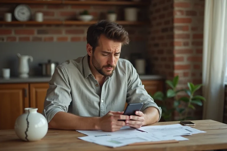 Voyageur Airbnb examinant un objet endommagé dans un appartement de location avec son téléphone posé sur la table