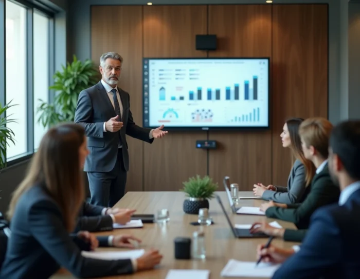 Professionnel expérimenté présentant son expertise lors d'une conférence professionnelle devant un auditoire attentif