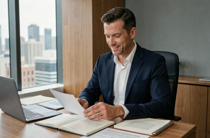 Expert reconnu assis à son bureau moderne, consultant des documents professionnels dans un environnement de travail contemporain