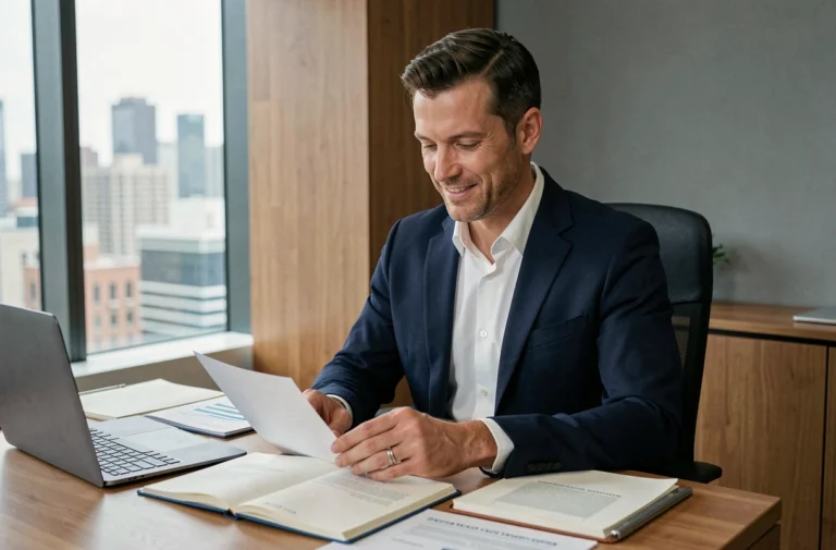 Expert reconnu assis à son bureau moderne, consultant des documents professionnels dans un environnement de travail contemporain